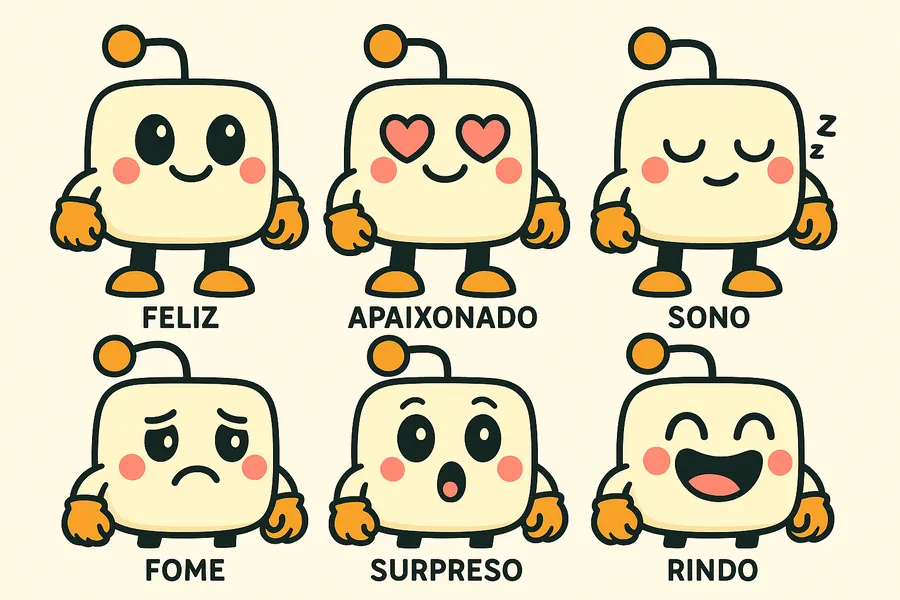 Folha de expressões do Bit: feliz, apaixonado, sono, fome, surpreso, rindo