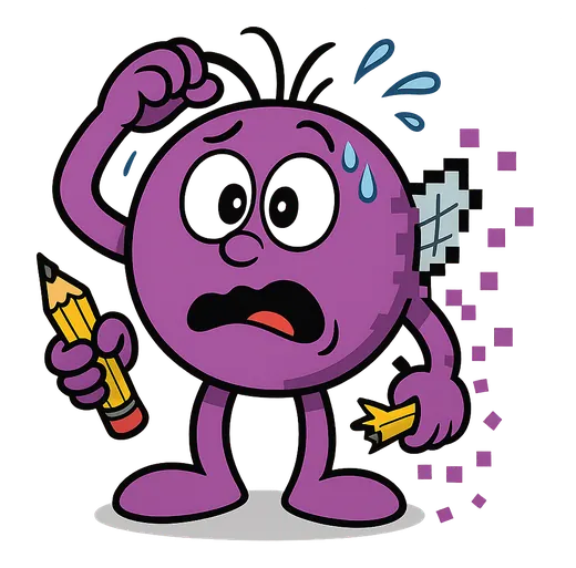 Bug, o glitch roxo de anteninhas e asinhas, coçando a cabeça confuso com um lápis quebrado