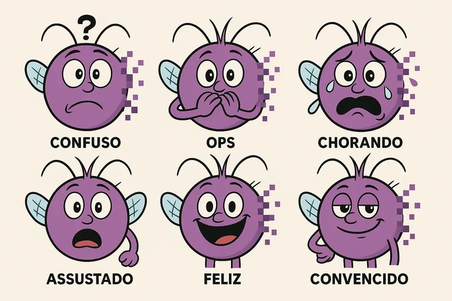 Folha de expressões do Bug: confuso, ops, chorando, assustado, feliz, convencido