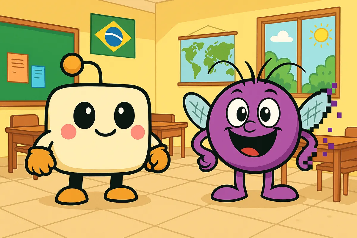 Bit dando aula numa sala com o Bug levantando a mão